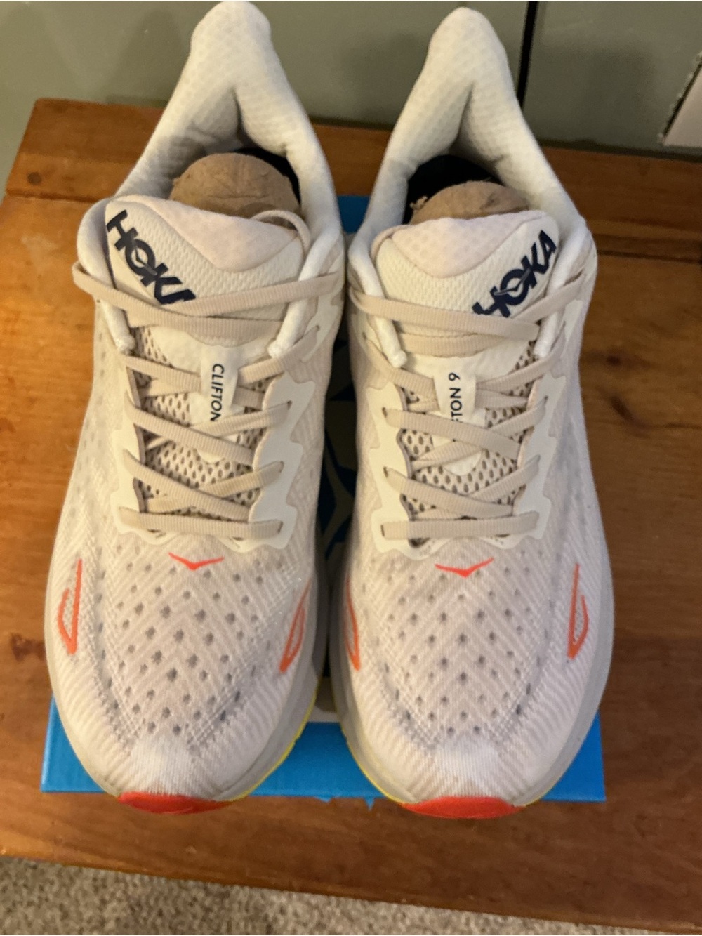 Hoka Men’s Clifton 9 Running Shoes - White with Orange Accents size 10